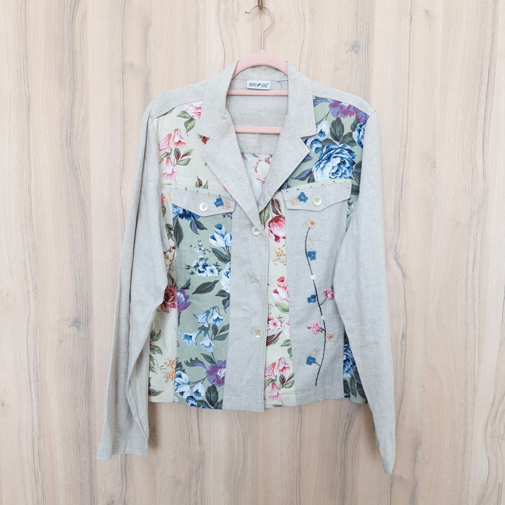 Vintage White Stag‎ Patchwork Linen Floral Jacket L Beige Embroidered Cottage